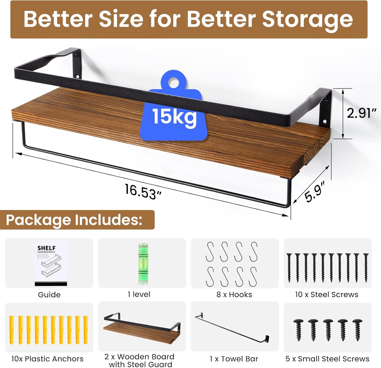 AGM - étagères murales bois, 2 pièces, 60x15cm, charge 15kg, AGM