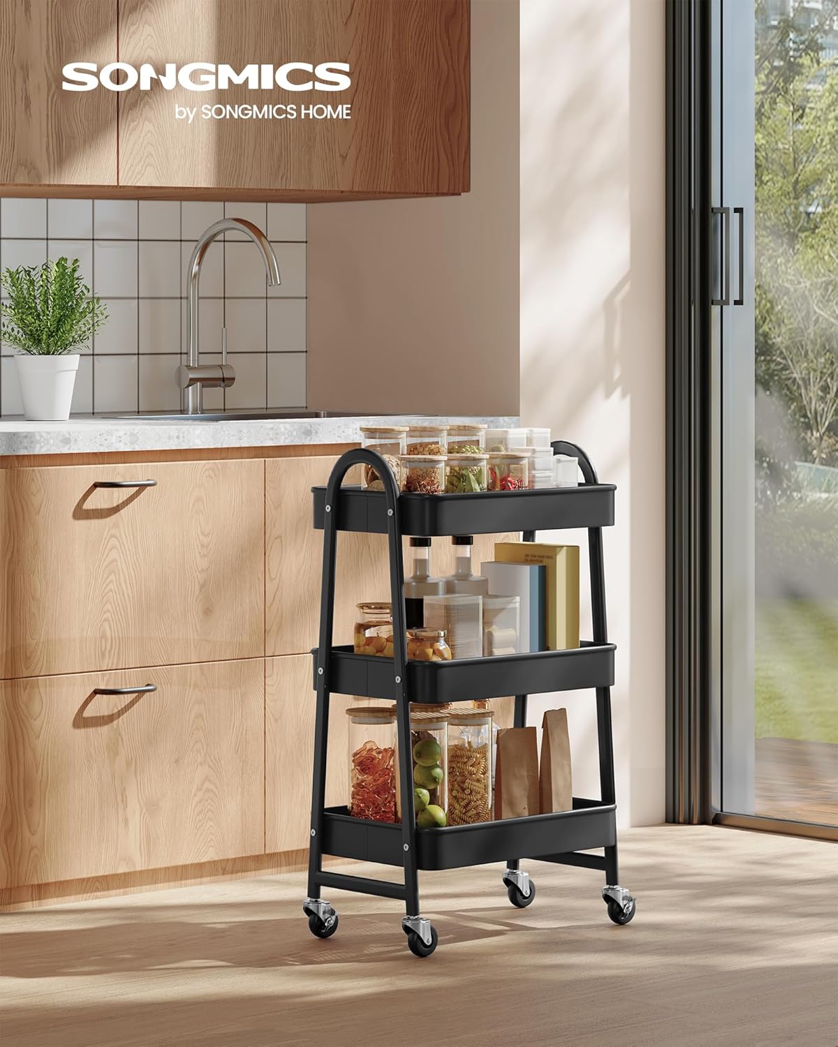 SONGMICS - chariot à 3 niveaux - métal, roulettes, poignées, 2 freins - BSC068B01