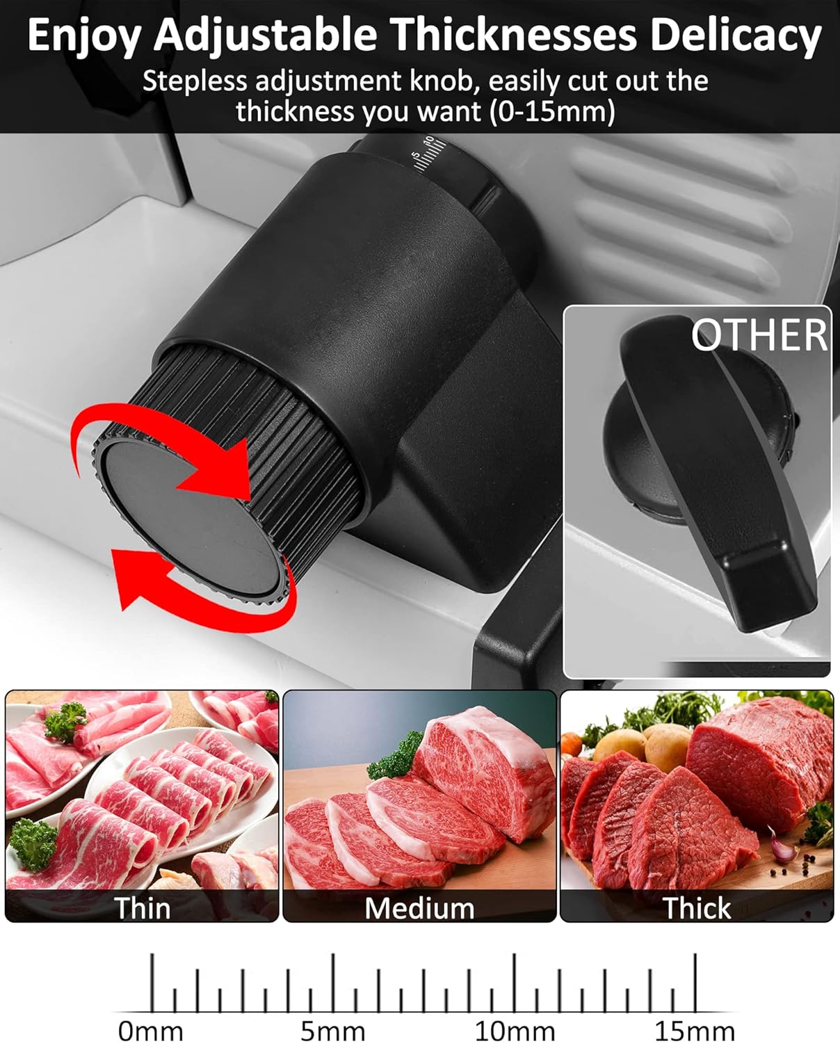 Trancheuse électrique inox – 200W, 2 lames, réglable 0-15mm