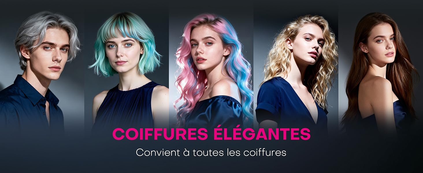 Le texte indique « COIFFURES ÉLÉGANTES ». Bannière montrant plusieurs personnes aux cheveux coiffés de différentes couleurs, y compris les tons bleus et roses.
