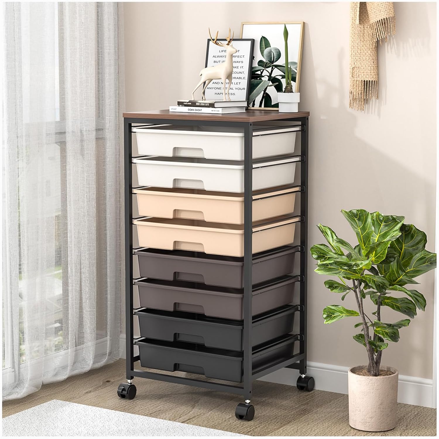 Chariot de salle de bain - 8 tiroirs, roulettes, plateau bois, grande capacité, marron