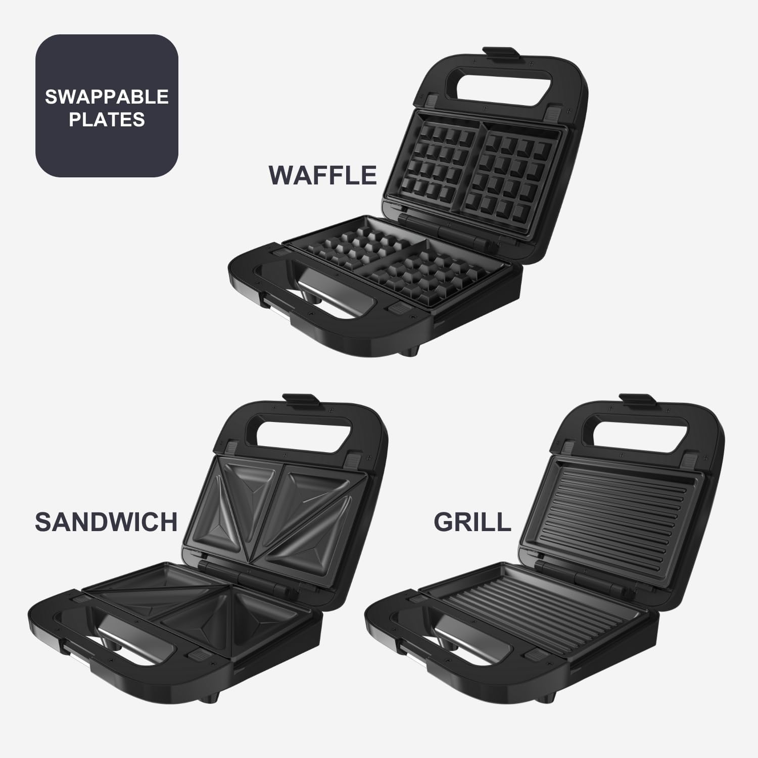 BLACK+DECKER - 3-en-1 750W - plaques interchangeables, chauffe rapide, Easy Eject