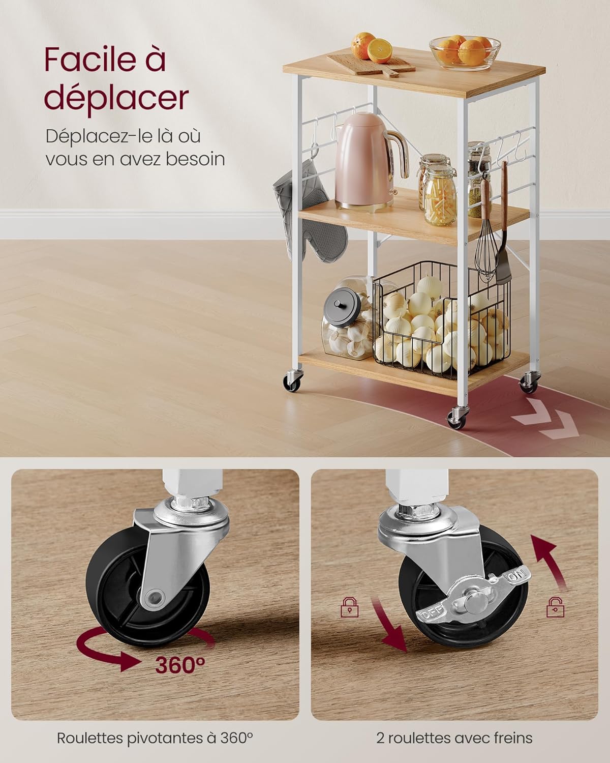 VASAGLE - étagère cuisine à roulettes, 40x60x89 cm, 3 niveaux, KKS060Y09