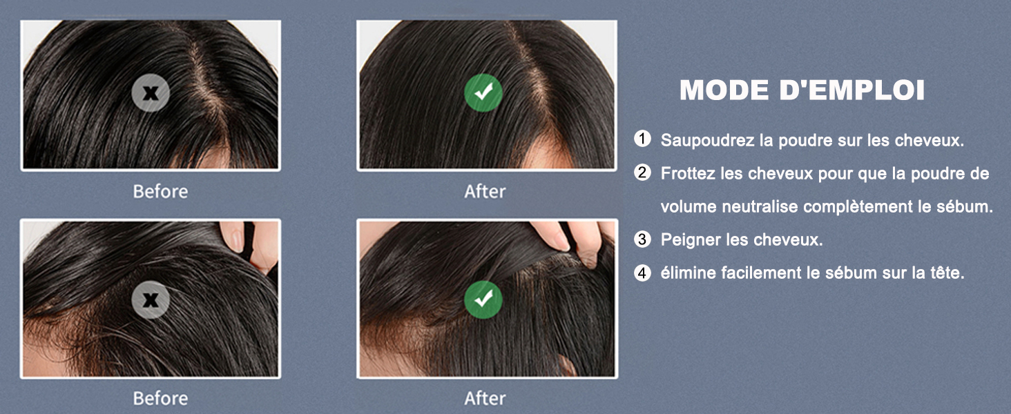 montrant des images avant et après de la couverture du cuir chevelu, avec des instructions en français pour une utilisation appropriée.