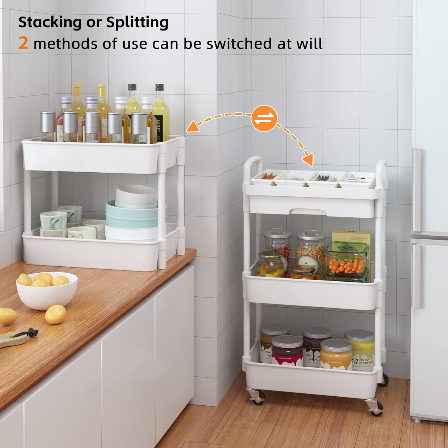 Chariot de rangement - 3/4 niveaux, plastique, tiroirs, à roulettes, compact