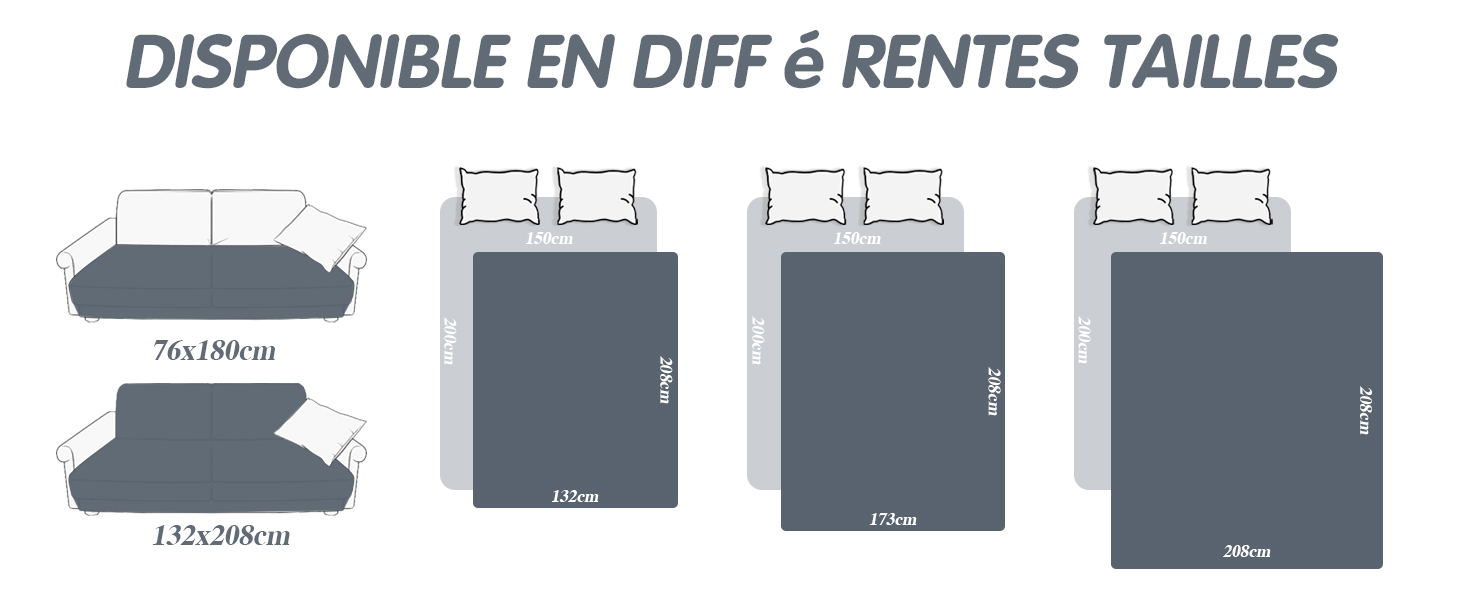 Schéma montrant différentes options de taille pour la literie, présentant six variations de dimensions du matelas avec des mesures en unités métriques.