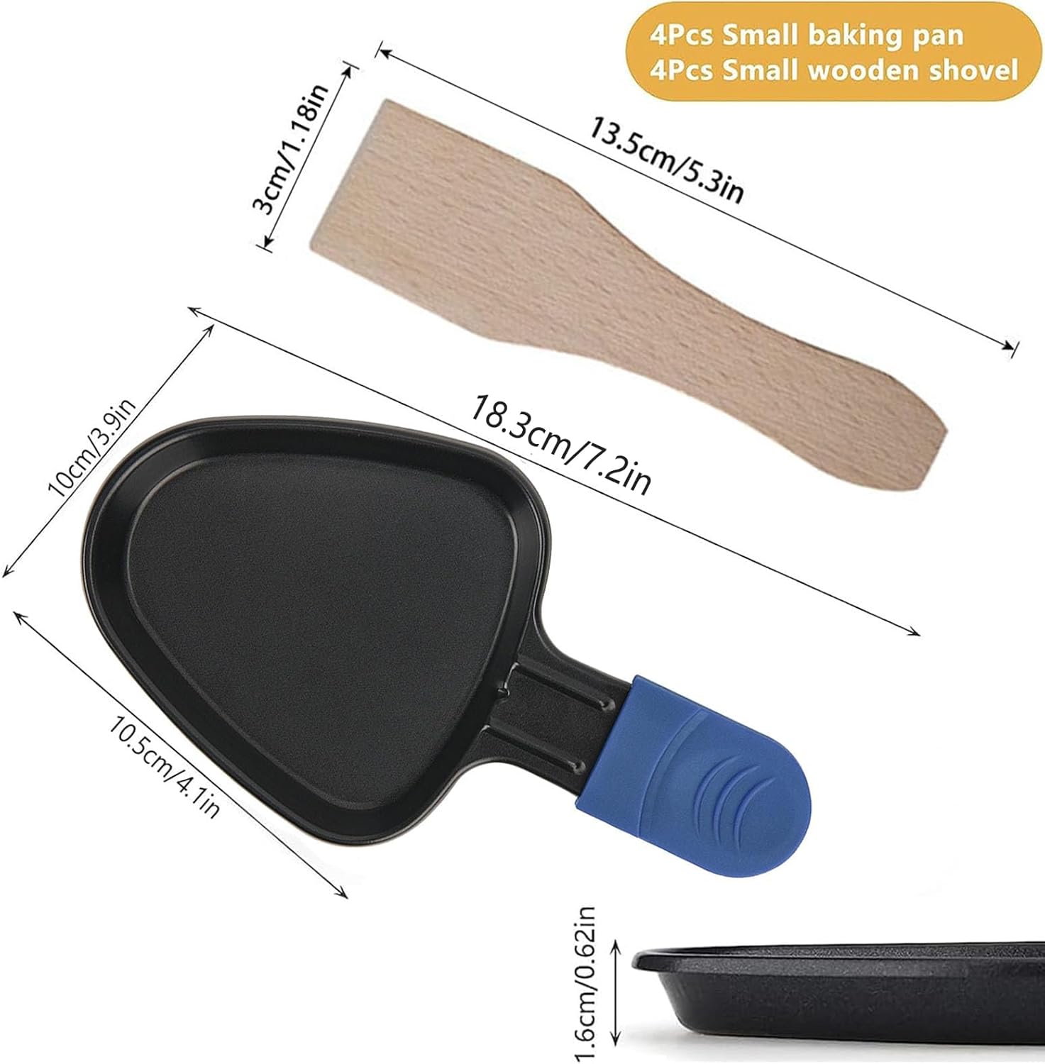 Poêlon à raclette triangulaire, antiadhésif, 18x10cm, 8 mini poêlons et 8 spatules bois