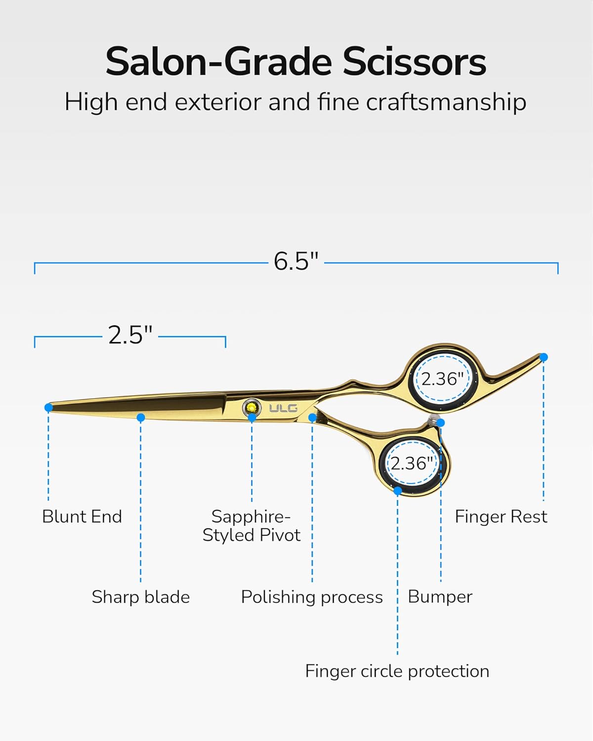 ULG - ciseaux de coiffure - 16,5 cm - lames rasoir inox, repose-doigt doré