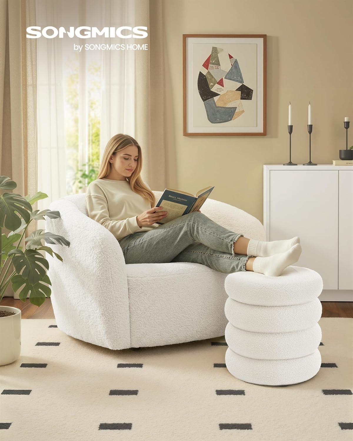 SONGMICS - pouf rond Teddy, 43x47 cm, rangement, blanc, LOM015WD01