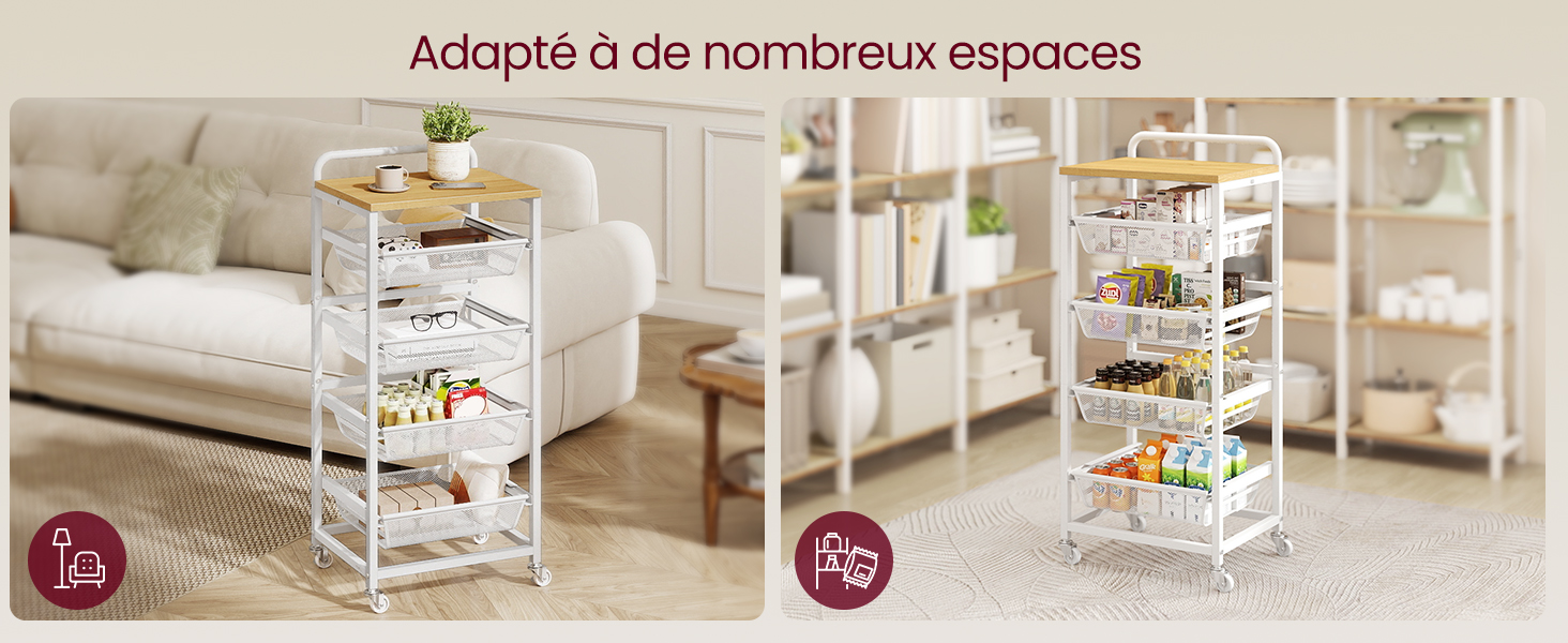 Le texte se lit comme suit : « Adapté à de nombreux espaces ». Plusieurs images de produits montrant des chariots utilitaires blancs à plusieurs niveaux dans différents environnements de pièce avec différents arrangements de rangement.