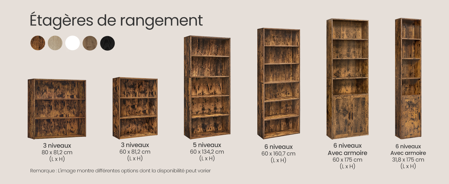 Schéma du produit montrant six étagères de rangement en bois de hauteurs croissantes avec spécifications de mesure en texte français.