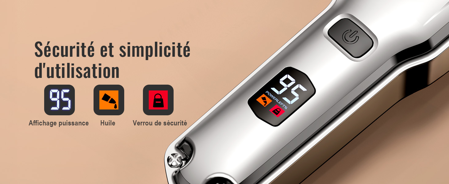 Le texte se lit comme suit : « Sécurité et simplicité d'utilisation ». Gros plan d'un appareil argenté avec affichage numérique et trois icônes pour le niveau de puissance 95, la flamme et le verrou de sécurité.