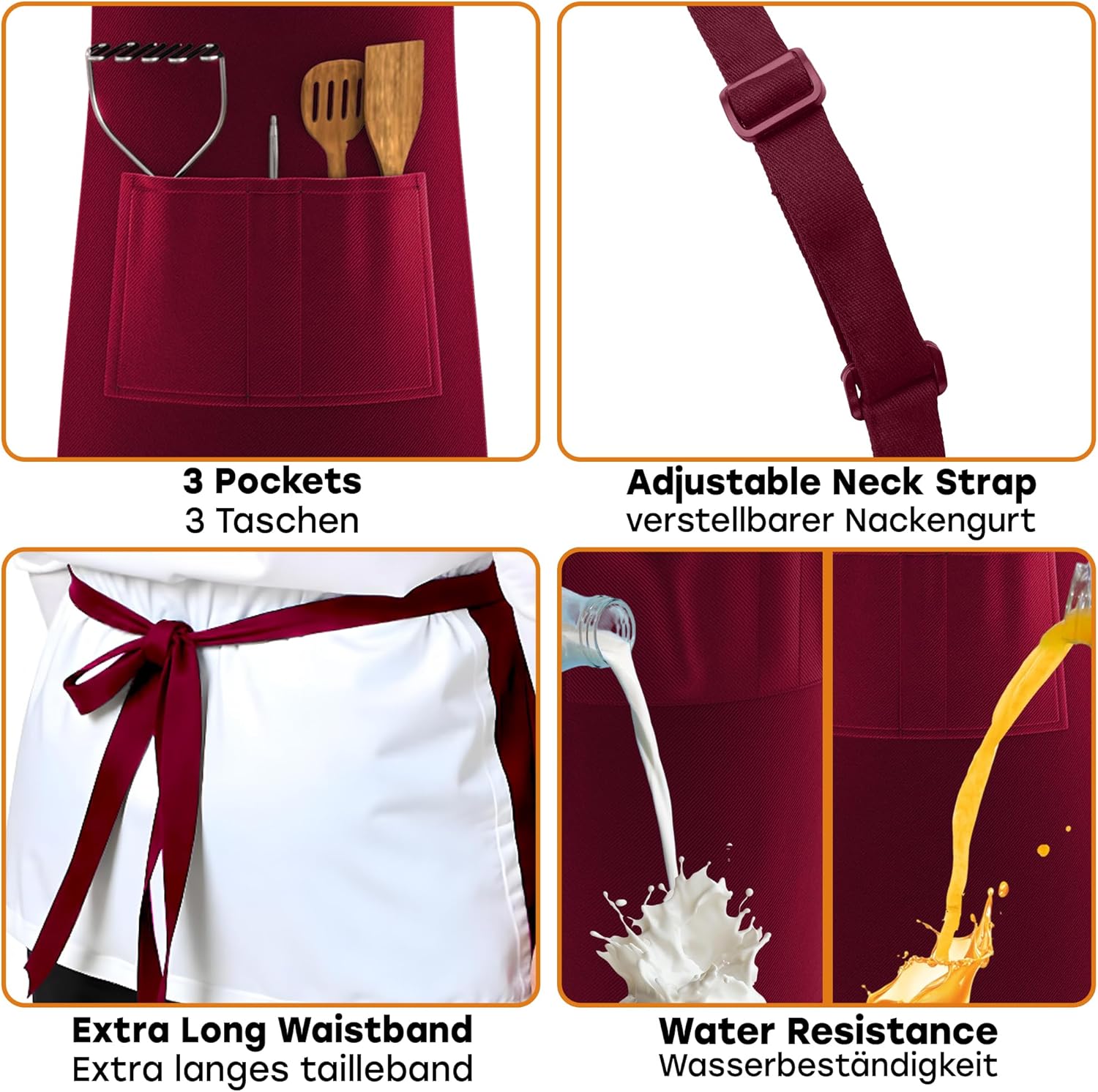 LEFUNDA - tablier cuisine étanche, 3 poches, lanières réglables, pro