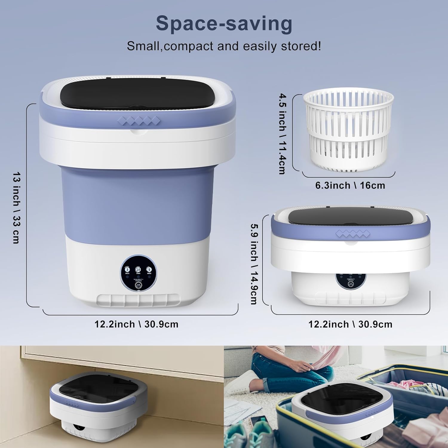 Mini machine à laver - 12L, pliable, 3 modes, panier essorage amovible