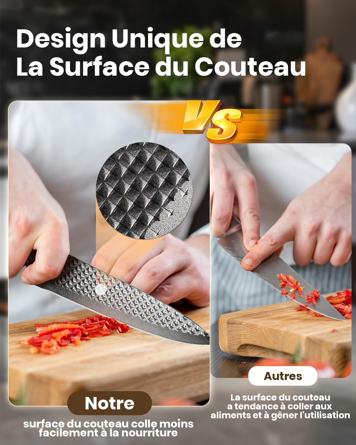 Set couteaux cuisine - 7 pièces, inox, manches ergonomiques, avec bloc