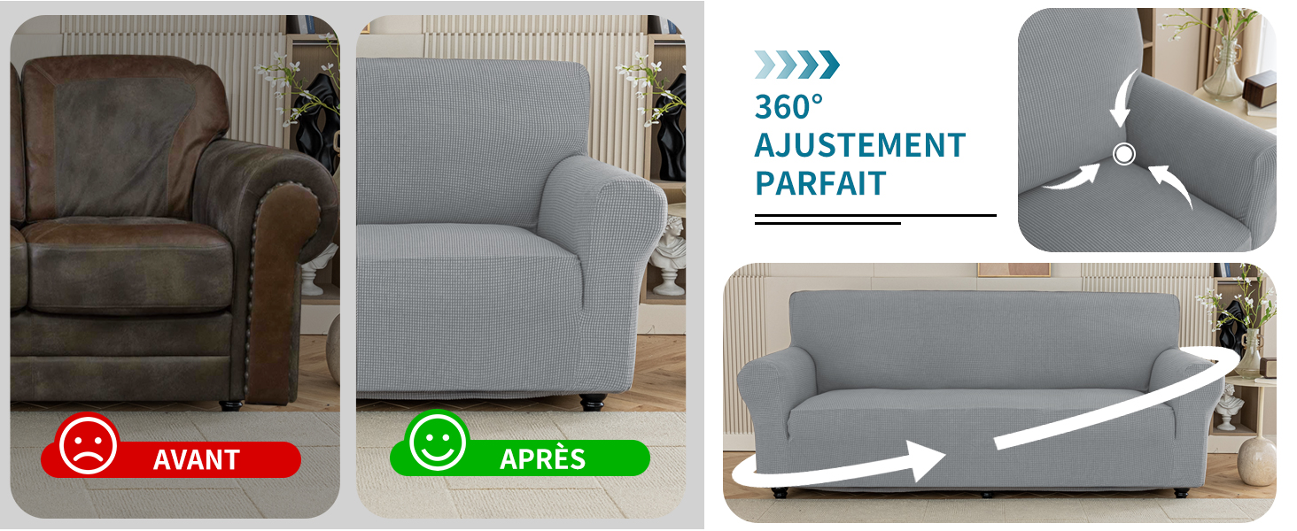 Images avant et après de revêtements de meubles. La gauche montre un fauteuil usé, la droite montre la même chaise avec une housse grise ajustée. Fonction de réglage mise en évidence