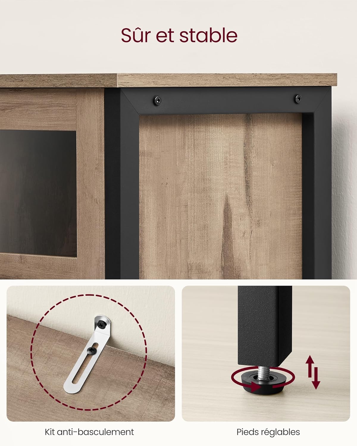 VASAGLE - buffet industriel 3 portes acier marron noir, LSC099K02