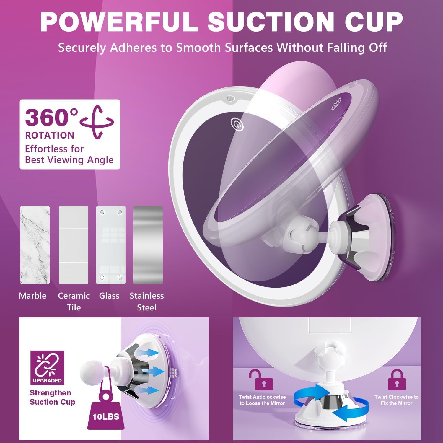 Auxmir - miroir grossissant 20X - LED 3 tons, ventouse, 360°, compact