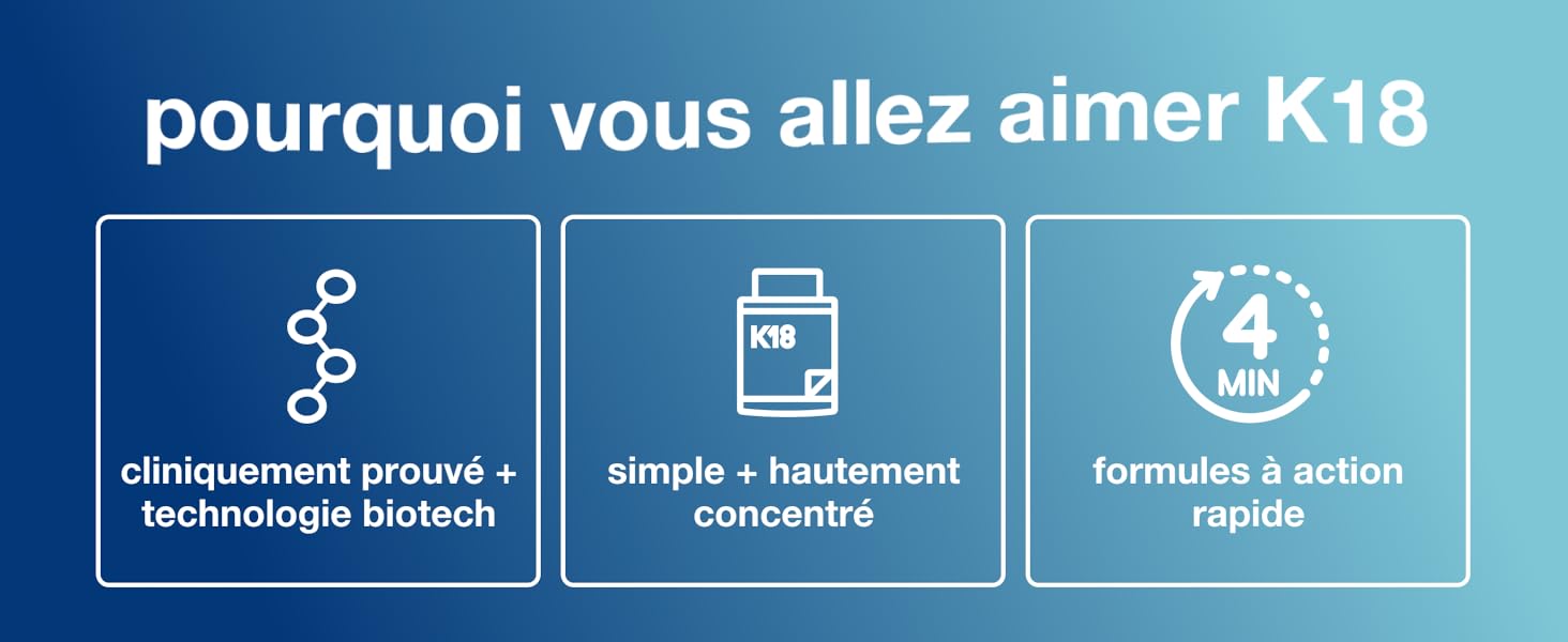 Le texte se lit comme suit : « pourquoi vous allez aimer K18 ». Image promotionnelle du produit avec trois icônes bleues illustrant les principales caractéristiques et avantages.