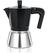 Cafetière Moka traditionnelle avec partie supérieure noire et chambre inférieure argentée, avec poignée en plastique noir sur fond blanc.