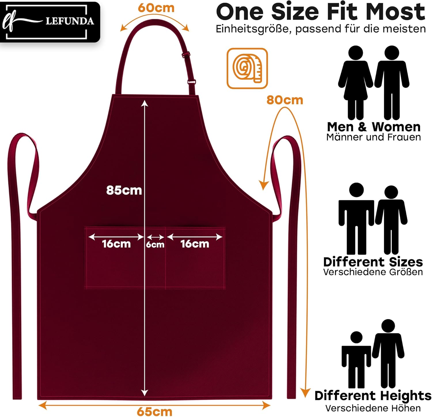 LEFUNDA - tablier cuisine étanche, 3 poches, lanières réglables, pro