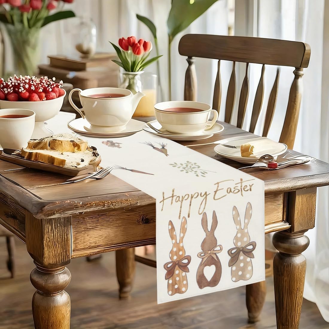 Chemin de table Pâques - motif lapin, 33x180 cm, lavable, déco salon