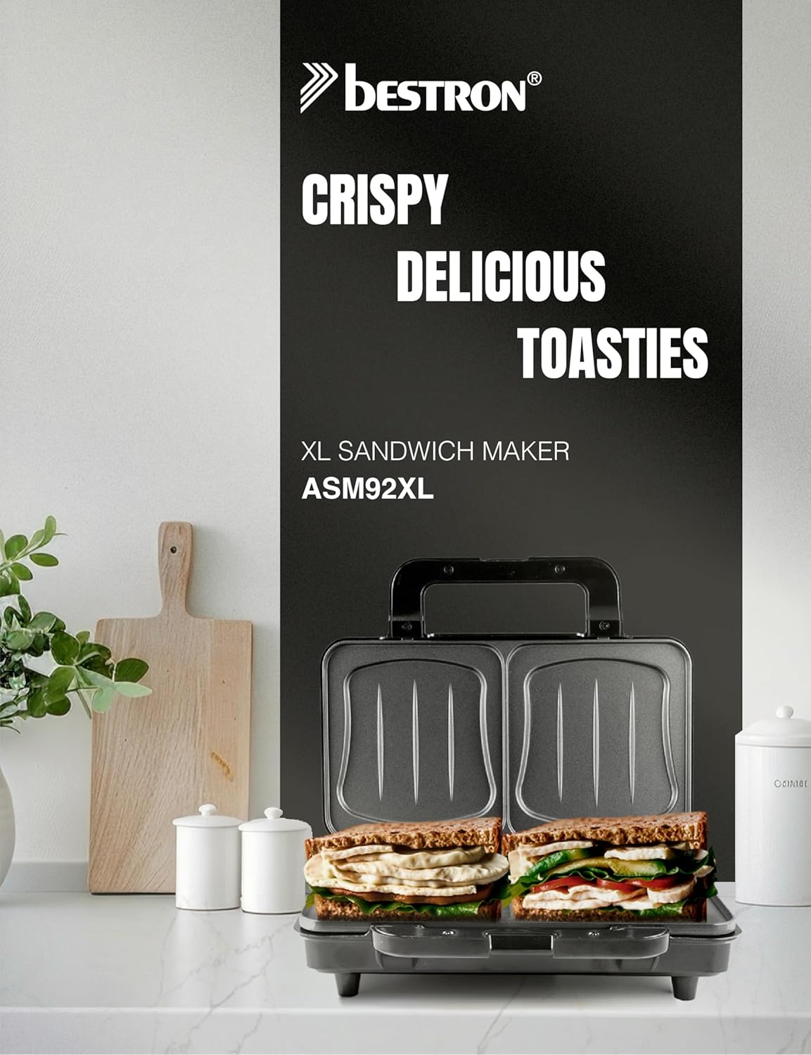 Bestron - appareil croque monsieur XL - noir - 2 sandwiches, température auto