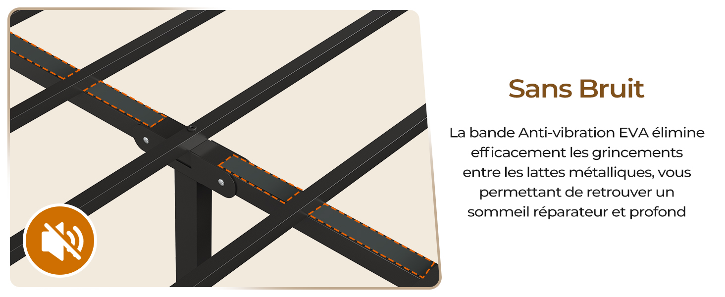 avec motif entrecroisé sur fond clair. Le texte en français décrit les propriétés de réduction du bruit à utiliser entre des pièces métalliques.