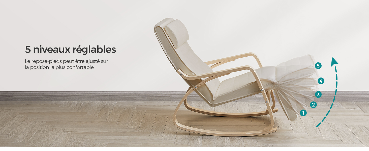 Fauteuil à bascule en bois de couleur claire avec dossier réglable. Le schéma montre 5 positions d'inclinaison, étiquetées en français