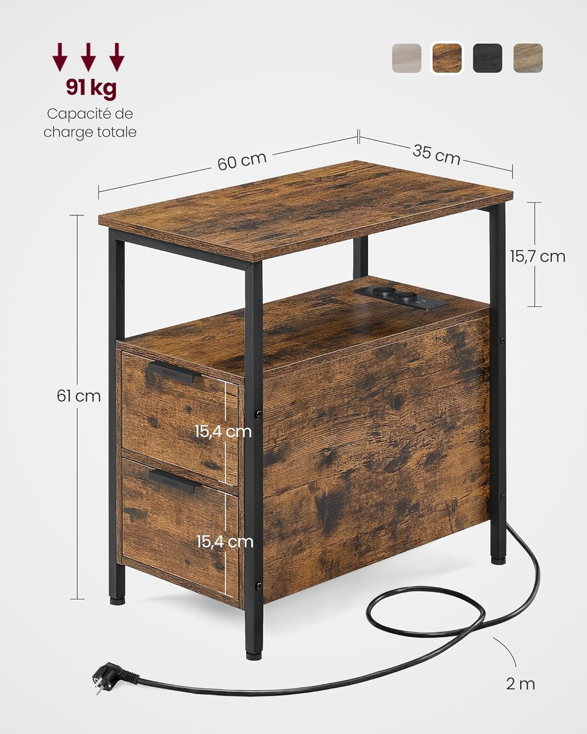 VASAGLE - table d'appoint 2 tiroirs, multiprise, rangement, 35x30x70cm - LET325B01