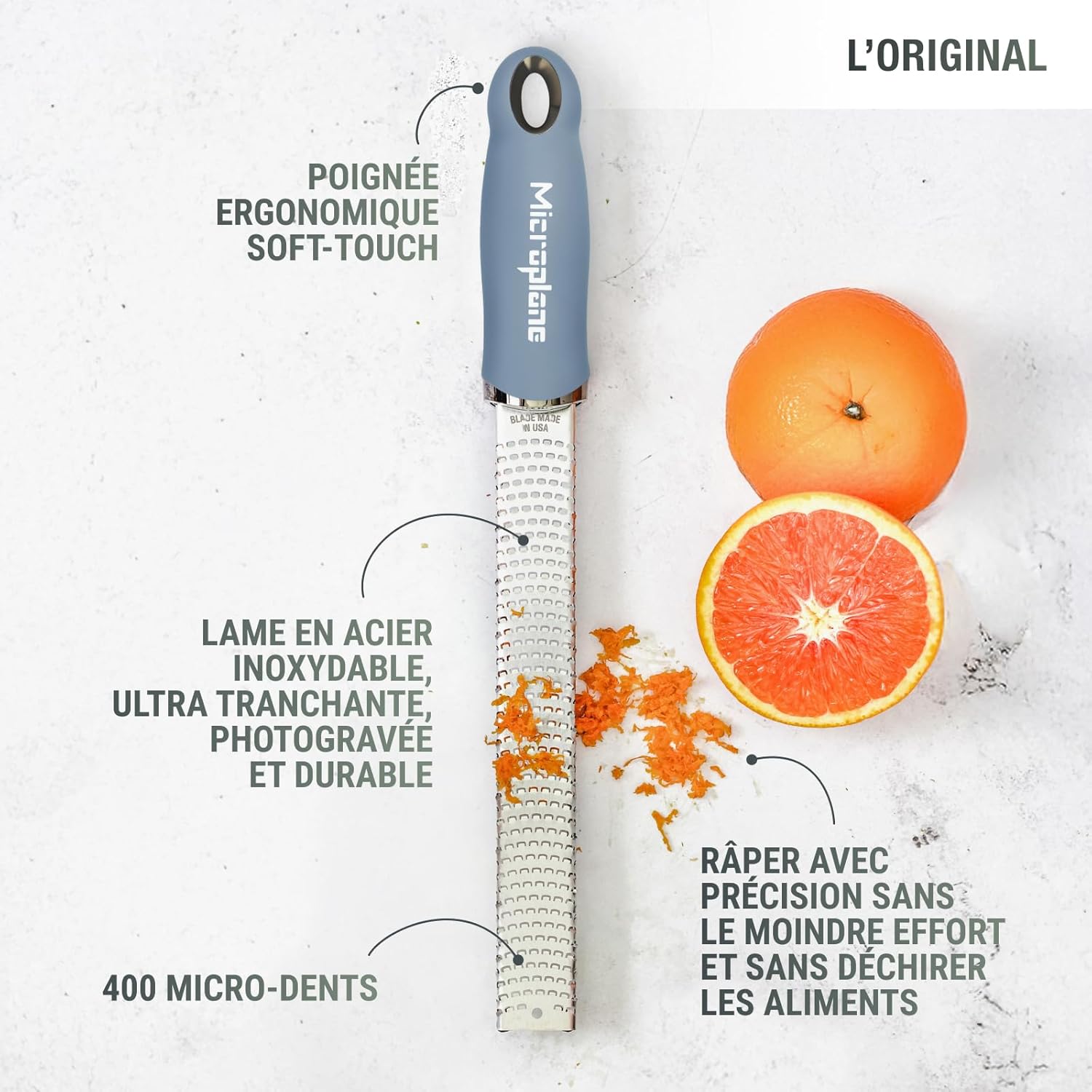 Microplane - zesteur Classic - lame fine, bleu, polyvalent, fabriqué USA