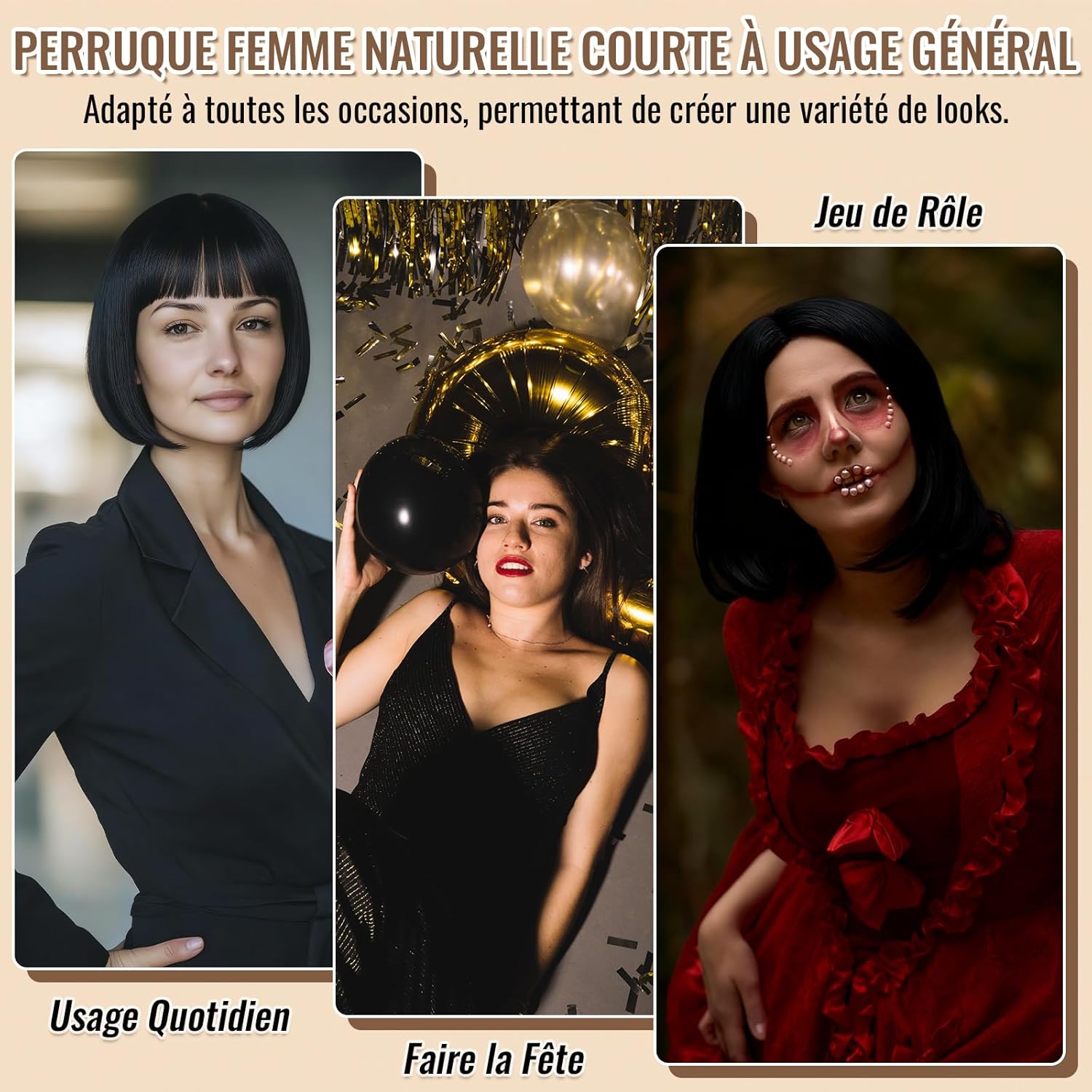 Perruque carré noir femme - 12 pouces - cheveux humains naturels