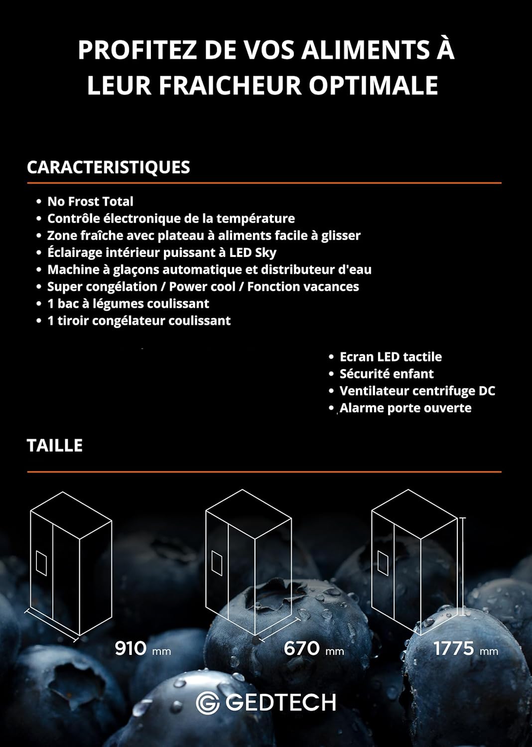 GEDTECH - Side by Side 513L inox - Distributeur eau & glaçons - GSBSA513IX