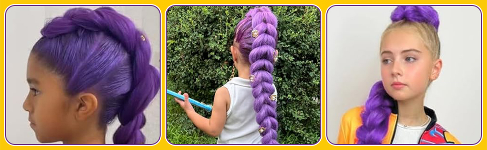 Mehrere Ansichten zeigen eine lange lila geflochtene Haarverlängerung aus verschiedenen Blickwinkeln, die verschiedene Stylingmöglichkeiten demonstrieren.
