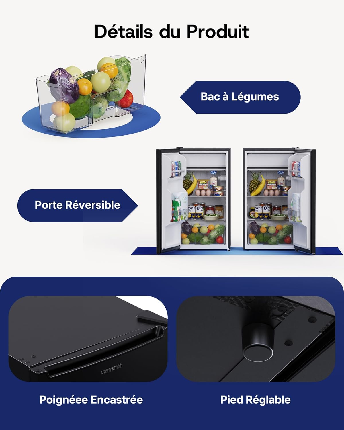 Upstreman - CR85 - 85L - frigo compact, LED, thermostat réglable, porte réversible