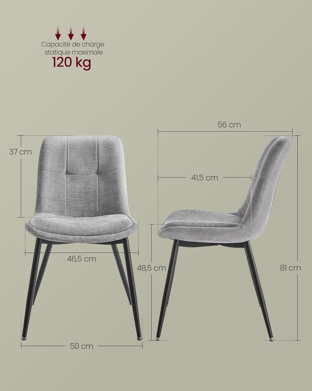 VASAGLE - Lot de 6 chaises modernes, métal, chenille, 120 kg, KDC151G16