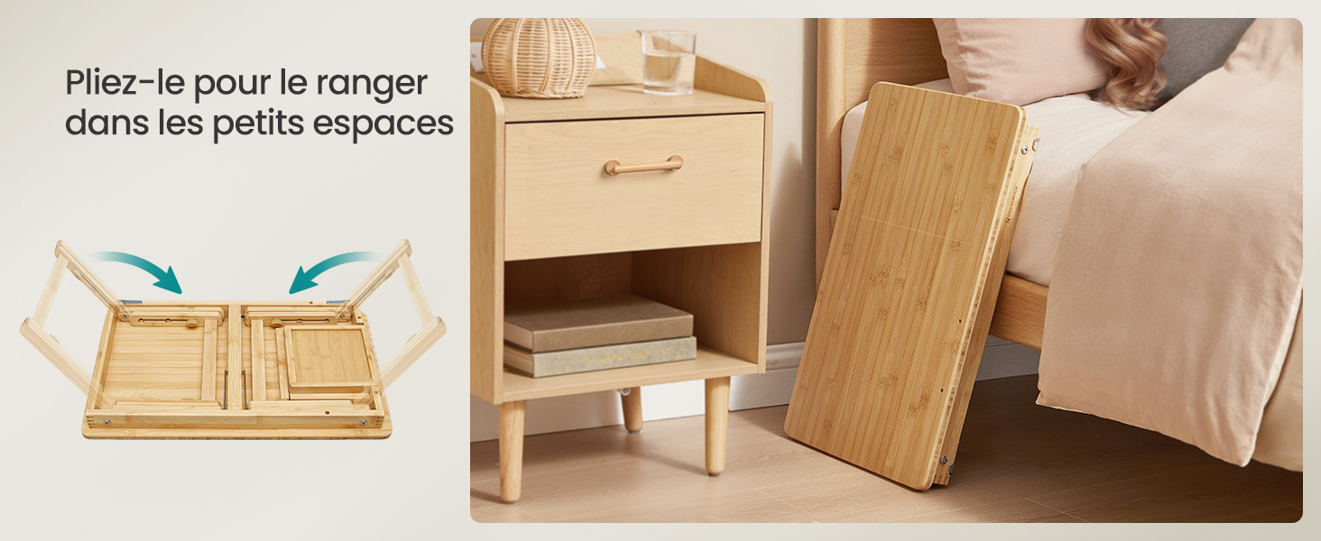 Le texte se lit comme suit : « Prise le pied le ranger dans les petits espaces ». Montre un meuble en bois ou une pièce de rangement présentée dans différentes positions.