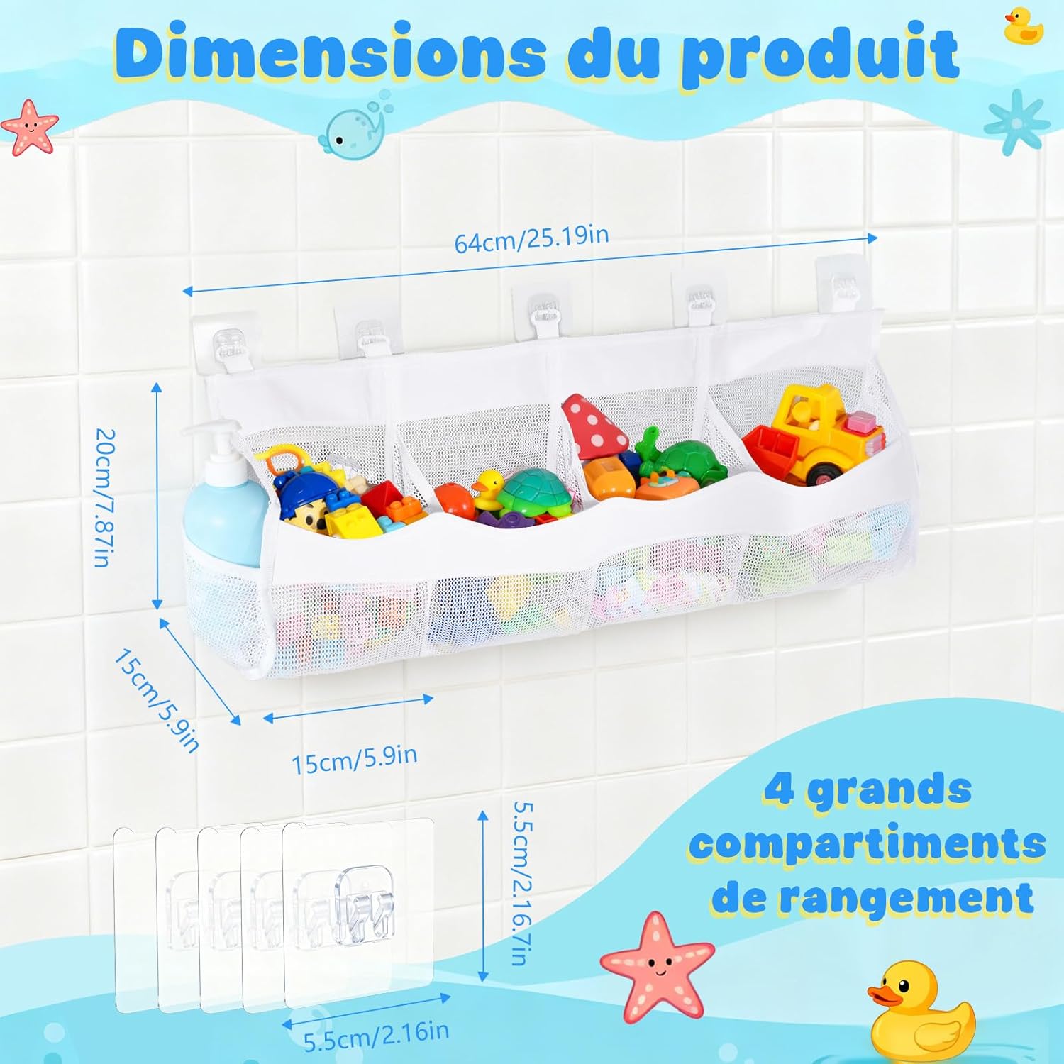 Sac de rangement jouet bain - 4 compartiments - filet blanc suspendu, organiseur jouets, stockage facile salle de bain