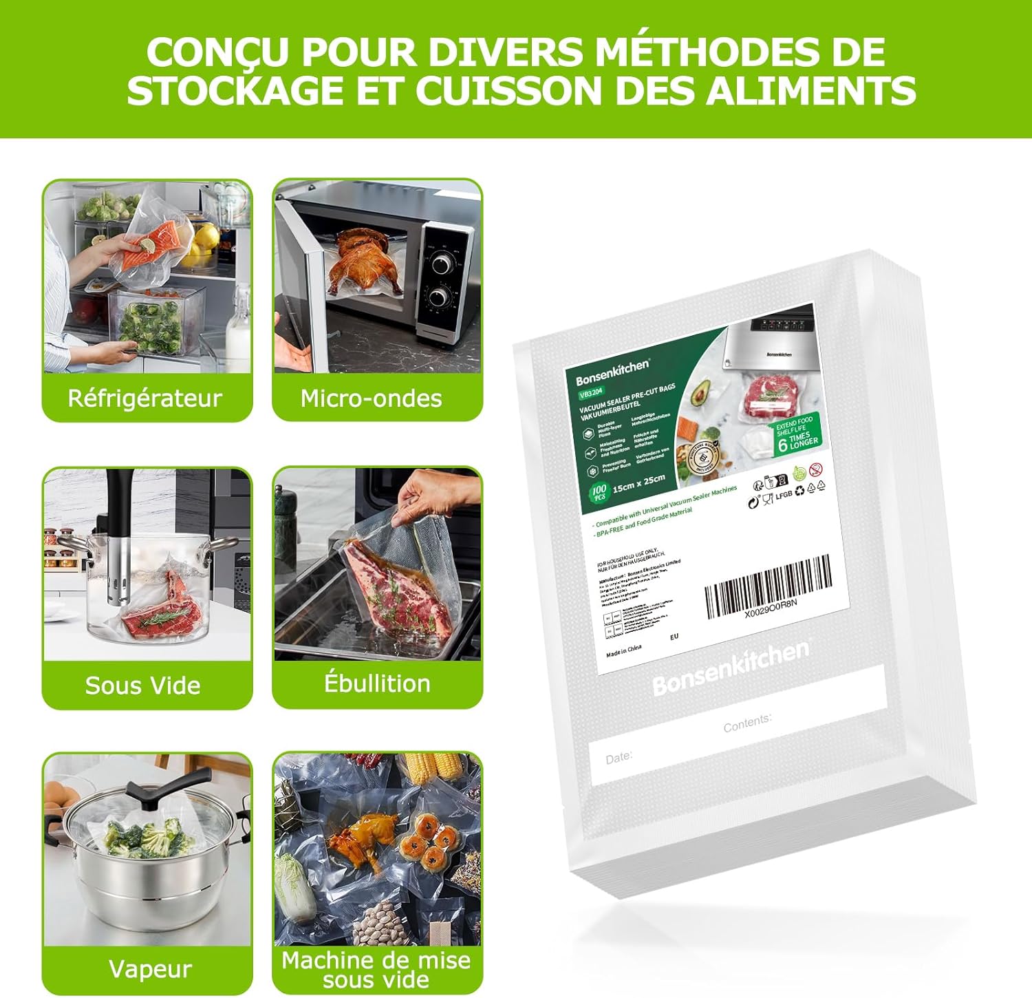 Bonsenkitchen - Sacs sous vide VB3204 - 15x25 cm - Lot 100, gaufrés, cuisson & conservation