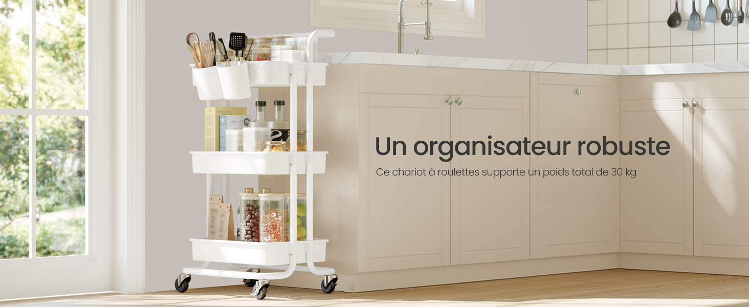 Le texte se lit comme suit : « Un organisateur robuste ». Intérieur de cuisine moderne blanc avec organiseurs de rangement muraux comprenant de multiples étagères et compartiments contre un dosseret en carrelage blanc.