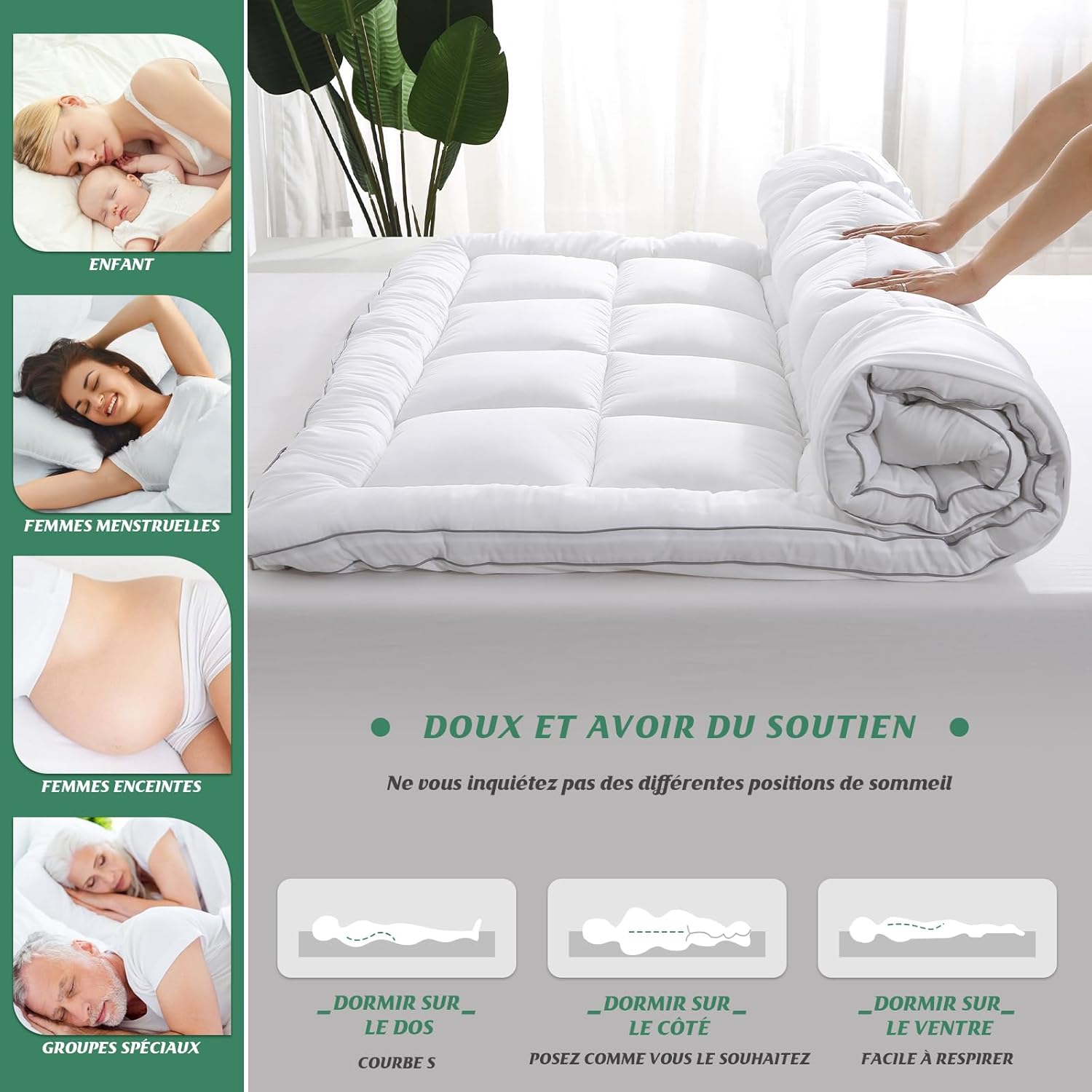 GRT - surmatelas épais 90x190cm, bambou ultra-doux, 6cm, respirant