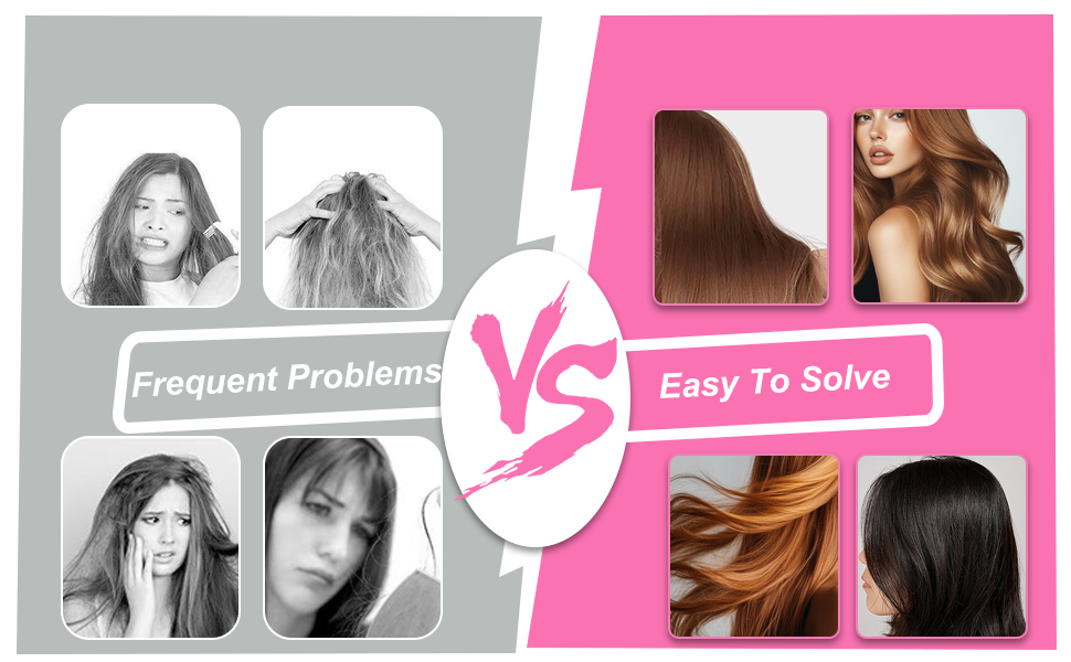 Image fractionnée comparant les problèmes de cheveux et les solutions. Le côté gauche montre des cheveux crépus et abîmés. Le côté droit affiche des cheveux lisses et sains de différentes couleurs et styles.