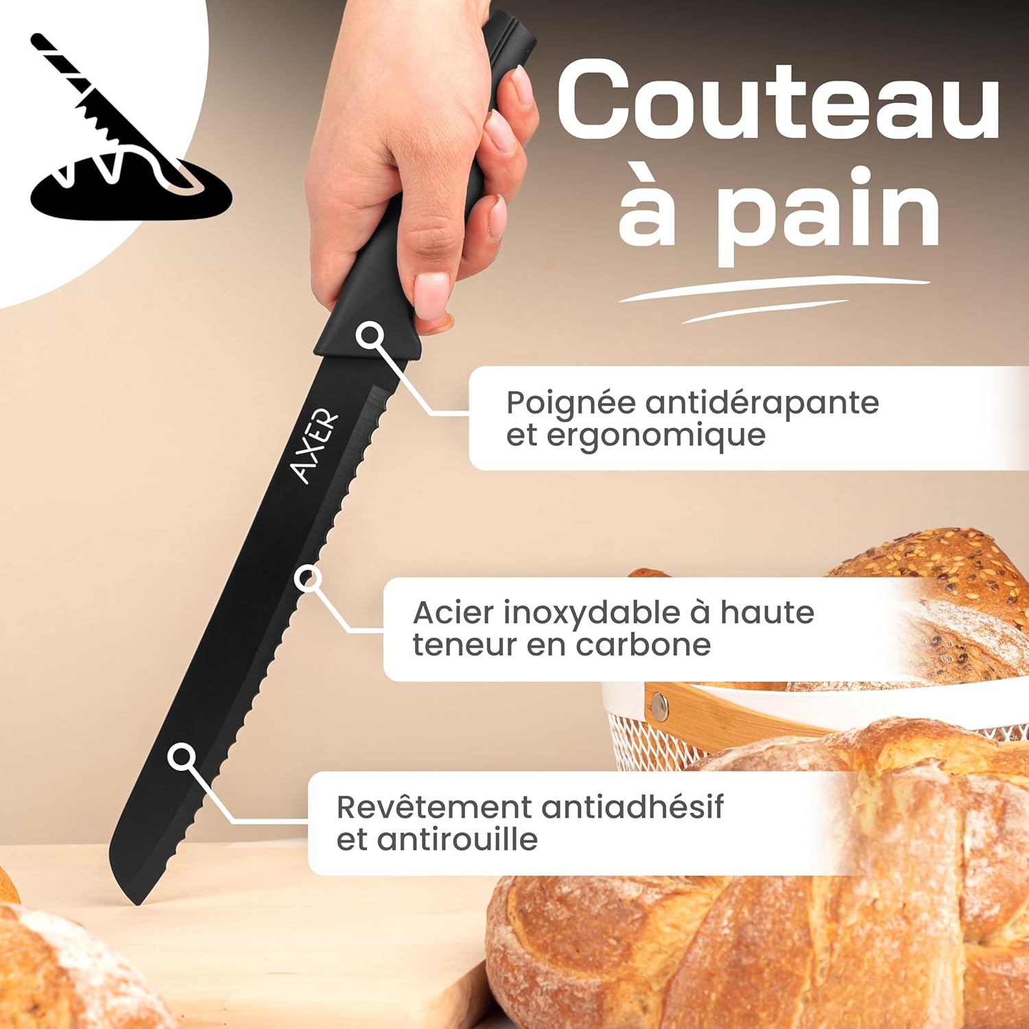 Couteau à pain - lame noire 20cm - étui inclus, livré en boîte