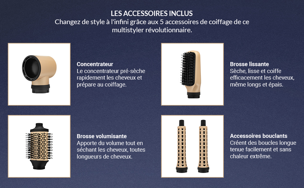Ensemble d'accessoires de coiffure comprenant une buse concentratrice, un diffuseur, une brosse ronde et des bigoudis. Conçu pour une utilisation multifonctionnelle dans le domaine de la coiffure.
