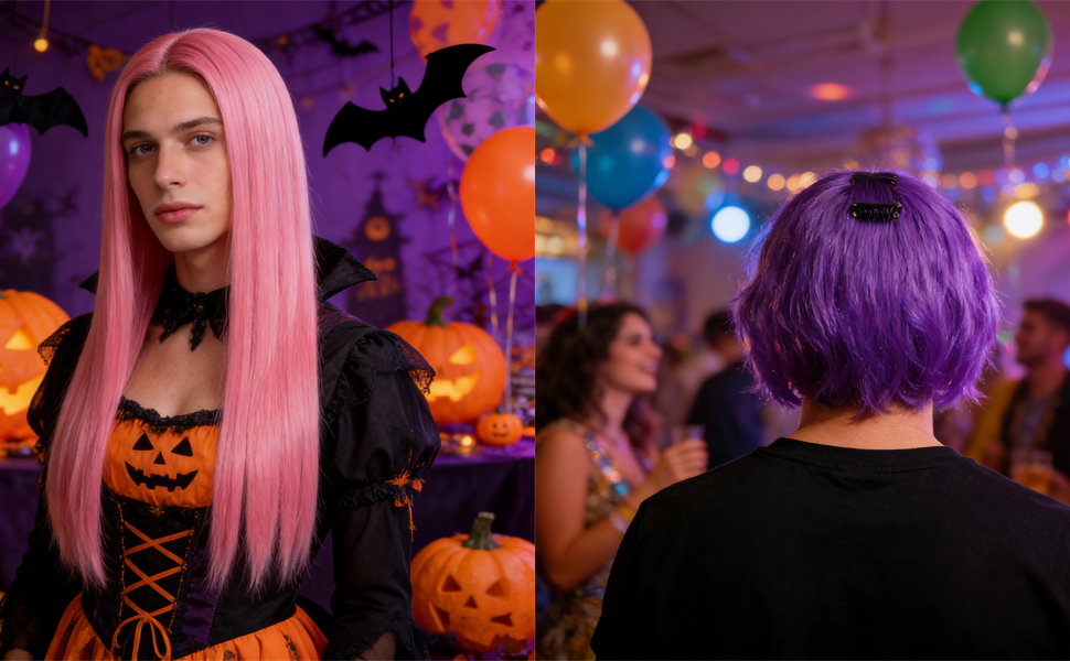 Scène de fête d'Halloween avec des ballons colorés et des décorations dans un éclairage violet. Plusieurs images montrant des décorations de fête, notamment des citrouilles et un éclairage d'ambiance festif.