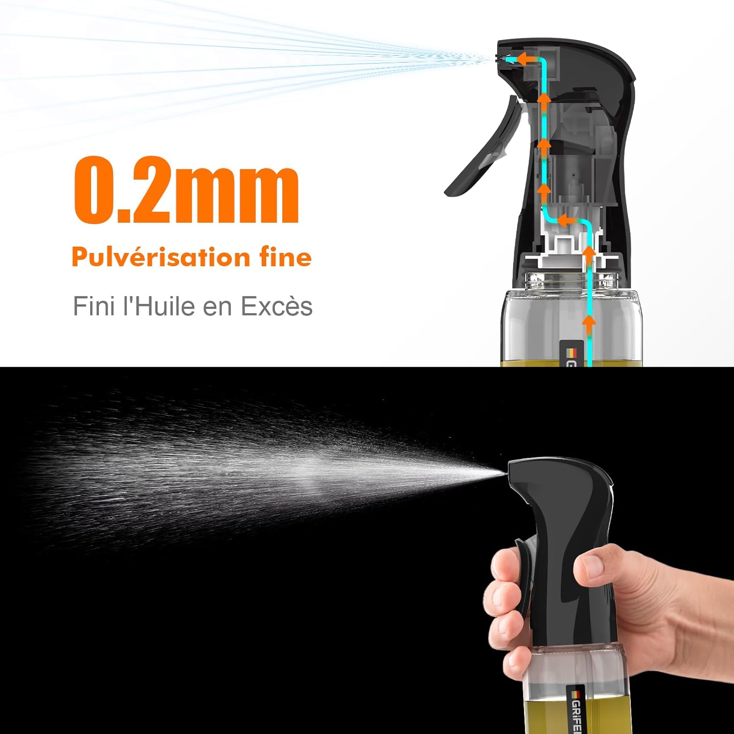 GRIFEMA - GE2003B - Pulvérisateur Huile Verre 200 ml - Jet réglable, nettoyage facile, noir