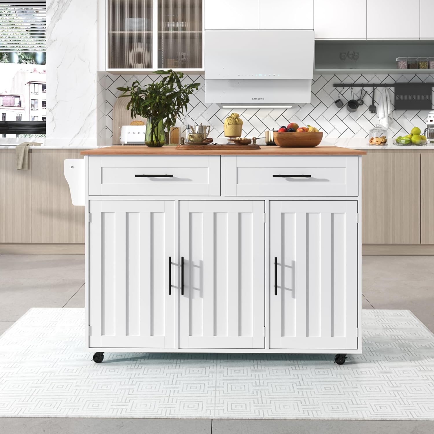 Desserte îlot de cuisine - blanc, 129x71x91,5cm - plans rabattables, 2 tiroirs, 3 portes