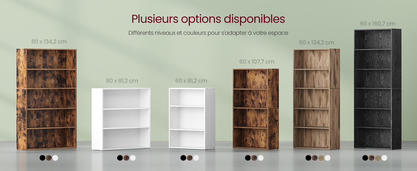 Présentation de six options d'étagères de rangement en bois différentes, allant du brun rustique au blanc et au noir, avec plusieurs configurations de compartiments.