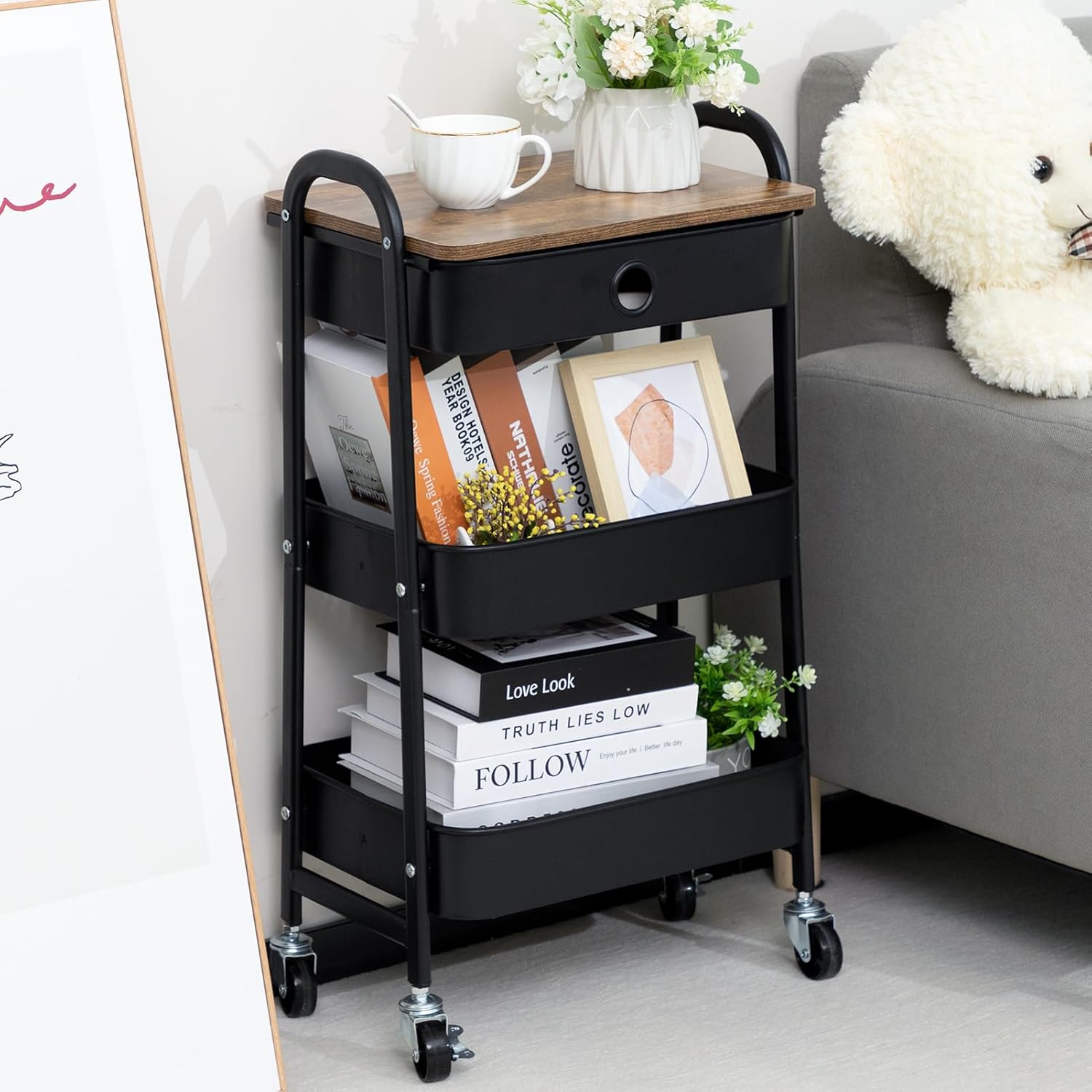 DOEWORKS - chariot 3 niveaux, métal, tiroir, noir, rangement mobile