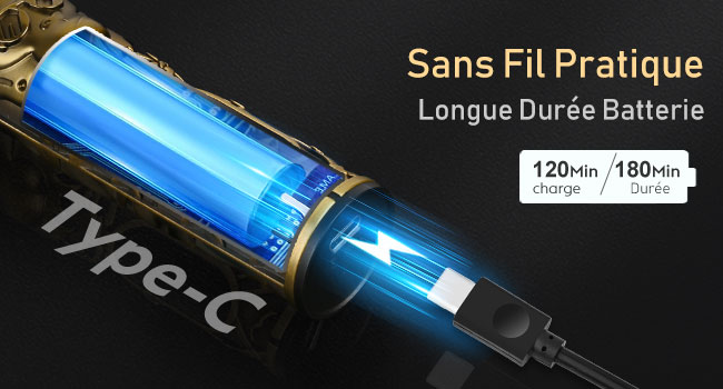 avec intérieur illuminé en bleu présentant les fonctionnalités « Sans Fil Pratique » et « Batterie longue durée », affichant des spécifications de 120/180 min.